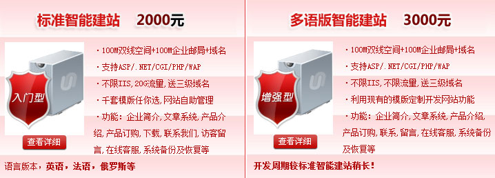 標準智能建站2000元，多語版智能建站3000元100M雙線空間+100M企業(yè)郵局+域名·支持ASP/.NET/CGI/PHP/WAP·不限IIS,不限流量。智能建站系統(tǒng)“魔方”價格介紹! 熱線電話：400-697-8610 01062199213